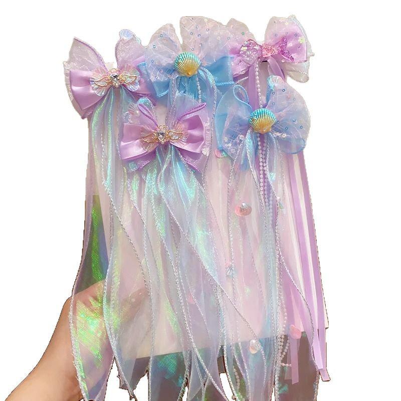 Mermaid Princess Bow Hair Clip for Girls – Flowy Gauze Double Clip, Birthday Performance Accessory with Veil