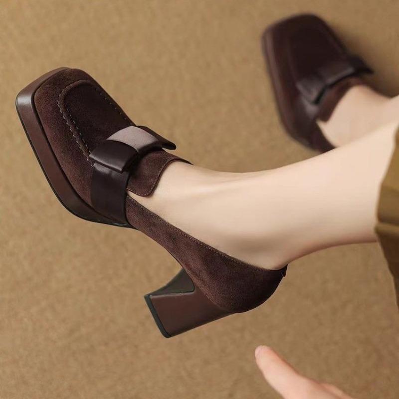 Fashion French retro fashion bow waterproof platform high heels women's shoes 2024 new square head thick heel thick sole single shoes