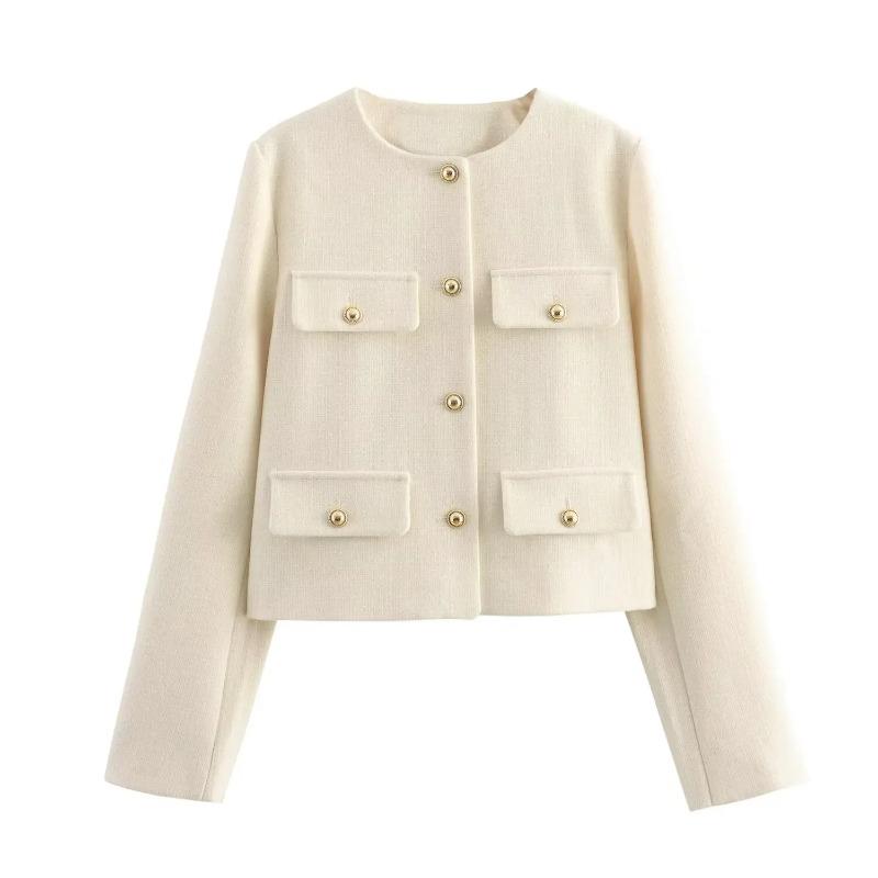 Women Fashion Autumn Winter Single-breasted Textured Round Neck Flip Pocket Short Jacket Coat Chic Ladies Tops Mujer