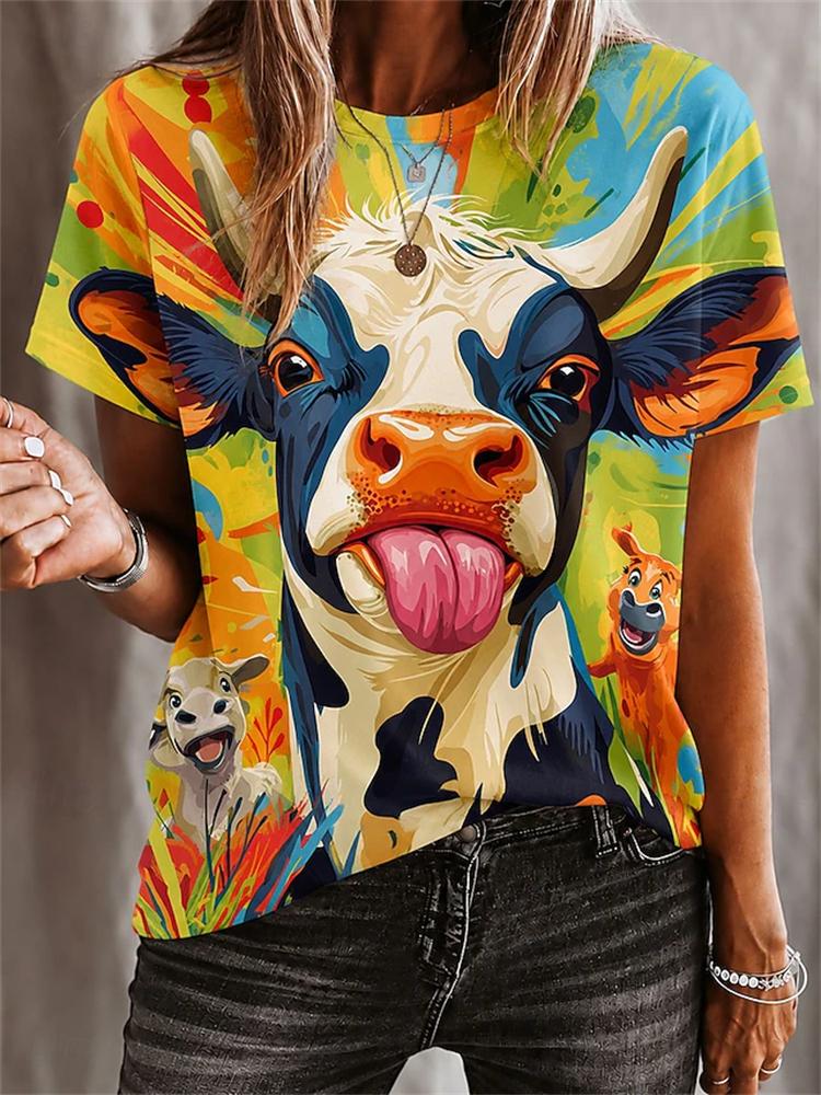 2026 New Women's Fashionable Short-Sleeve T-Shirt Fun Cow Print T-Shirt Trendy Street-Style Women's Short-Sleeve Top