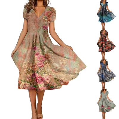 Women's Fashion And All-match Summer Temperament V-neck Printed Short-sleeved Dress