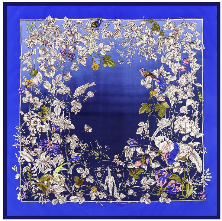 130cm Silk Scarf Women Large Shawls Floral Birds Print Ombre Stoles Square Bandana Luxury Kerchief Scarf Female Foulards