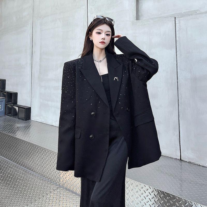 

Niche Design Hot Drilling Black Blazer Spring Autumn High End Luxury Long Sleeve Padded Shoulder Outerwear Formal Blazer Top M чёрный