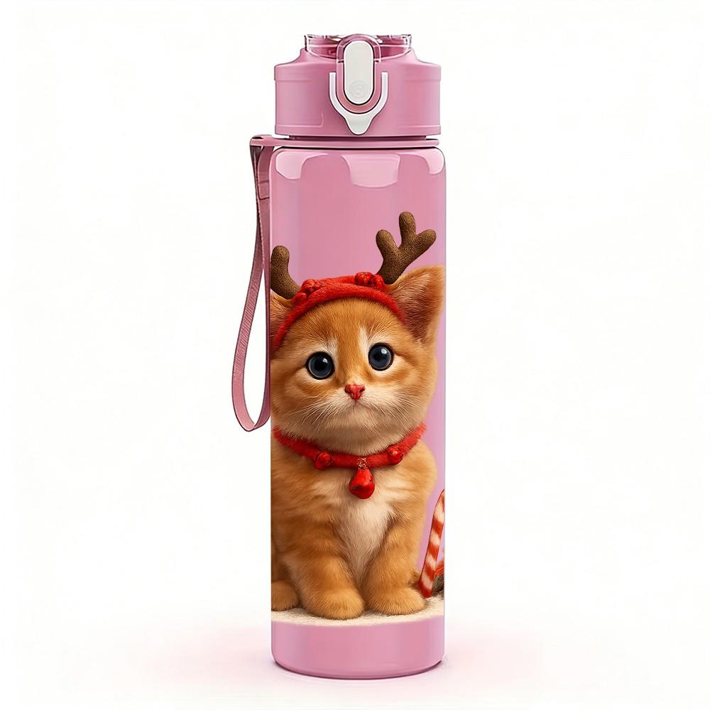 1PC Reindeer Kitten Winter Cute Print 750ml Color Plastic Sports Water Bottle Leakproof Flip Straw Lid Suitable for Sports Office Home Use