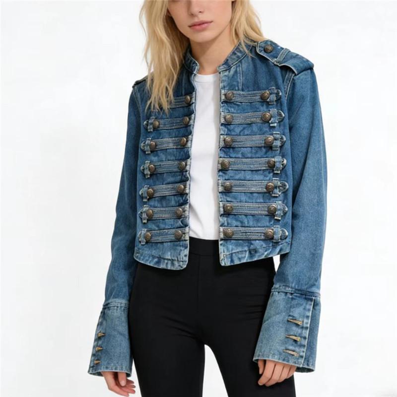 

Женская модная джинсовая куртка с воротником-стойкой - Приталенная, с длинным рукавом, для весны, осени и зимы. Large темно-синий