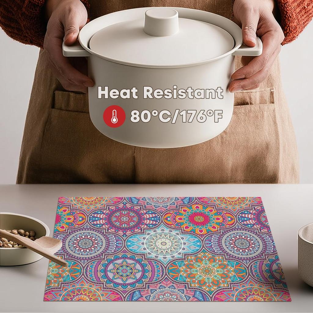 Mandala Vintage Vinyl Plastic Placemats Set of 4, 12x18 Inch Washable Non-Slip Table Mats for Party Kitchen Dining Decor
