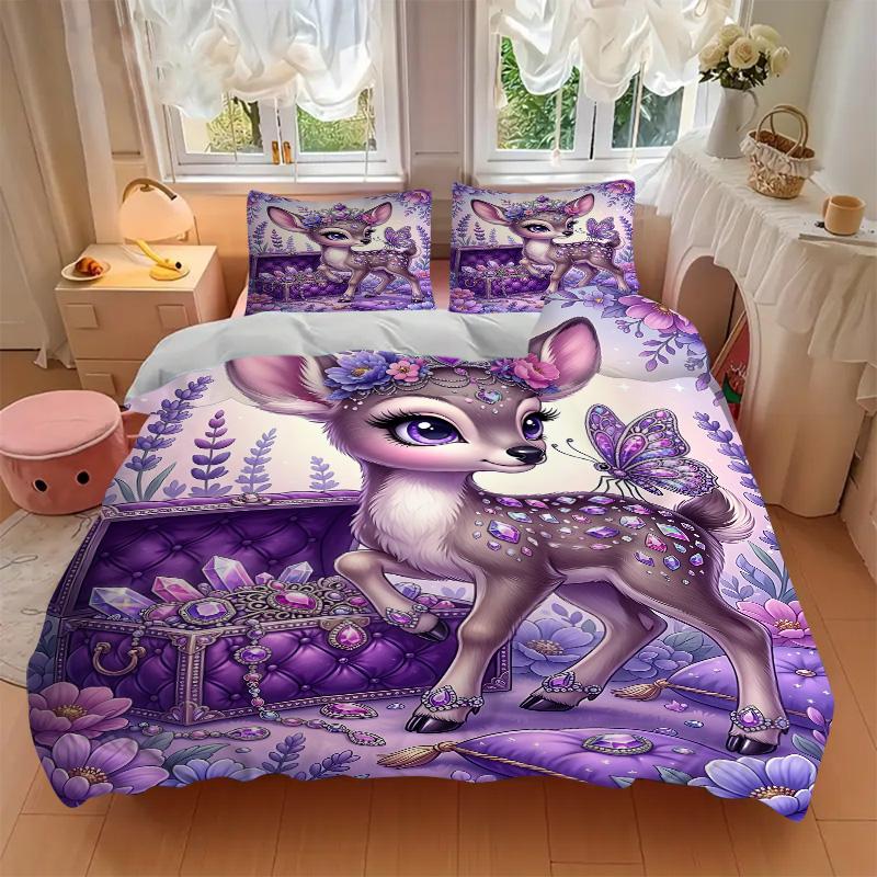 Fantasy Deer Lavender Garden Print 3Pcs Bedding Setduvet Cover With 2 Bedropillowcase Home Birthday Gift