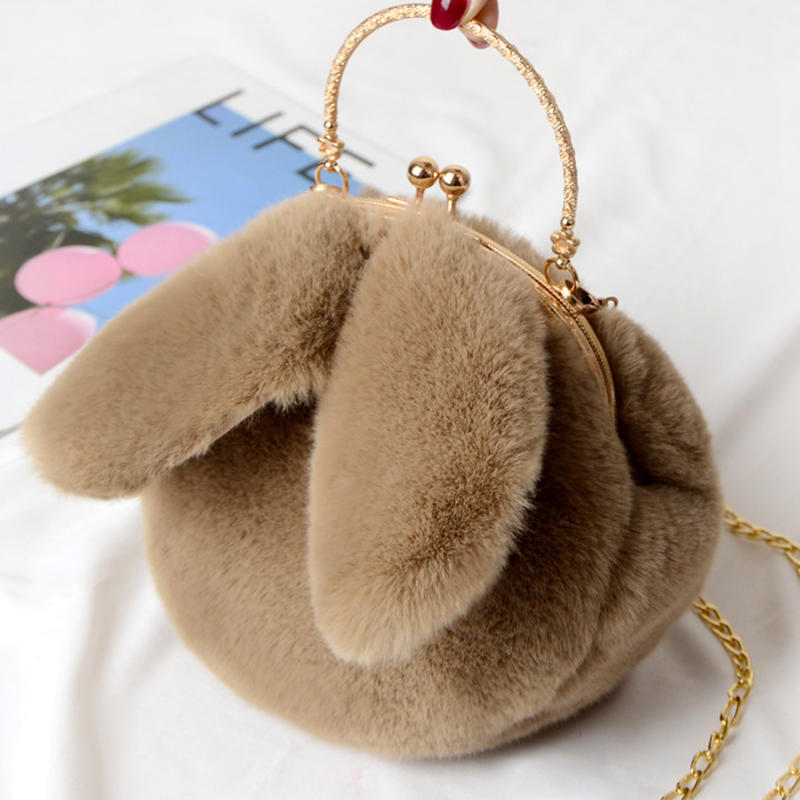 Rabbit Shaped Fluffy Shoulder Bag Fashion Chain Crossbody Bag Plush Handbag Cute Zipper Purse For Valentine's Day