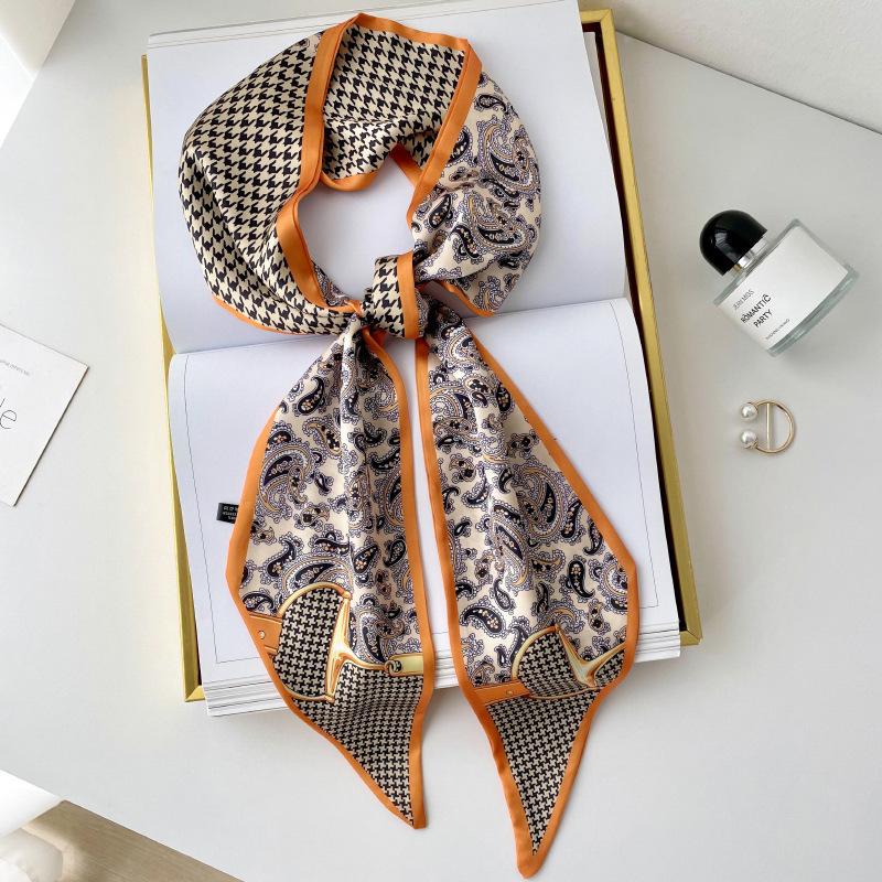 Silk scarf high-end neck new cashew flower silk scarf women's hair tie bag thin and narrow strip decorative scarf headband