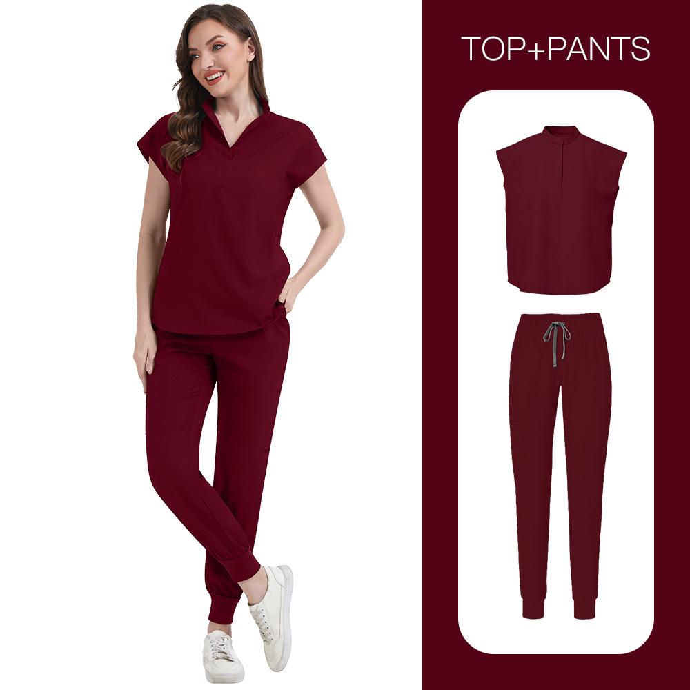 Women's Loose and Comfortable V-neck Short Sleeved Workwear with Multiple Pockets and Beauty Suit Set