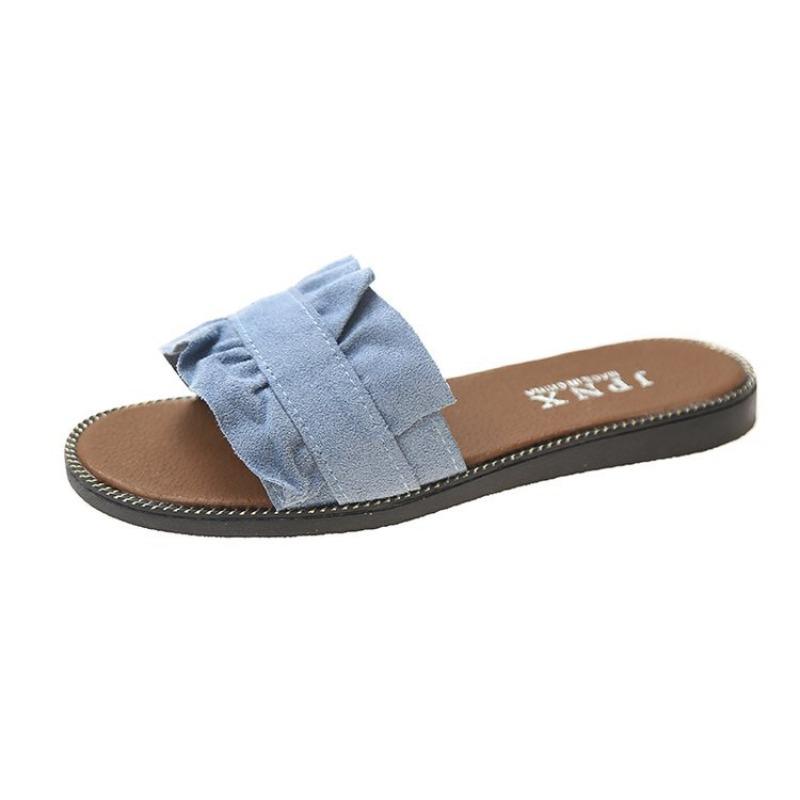 Spring and summer new lace one-word slippers flat heel casual women's sandals women's shoes student flat beach shoes