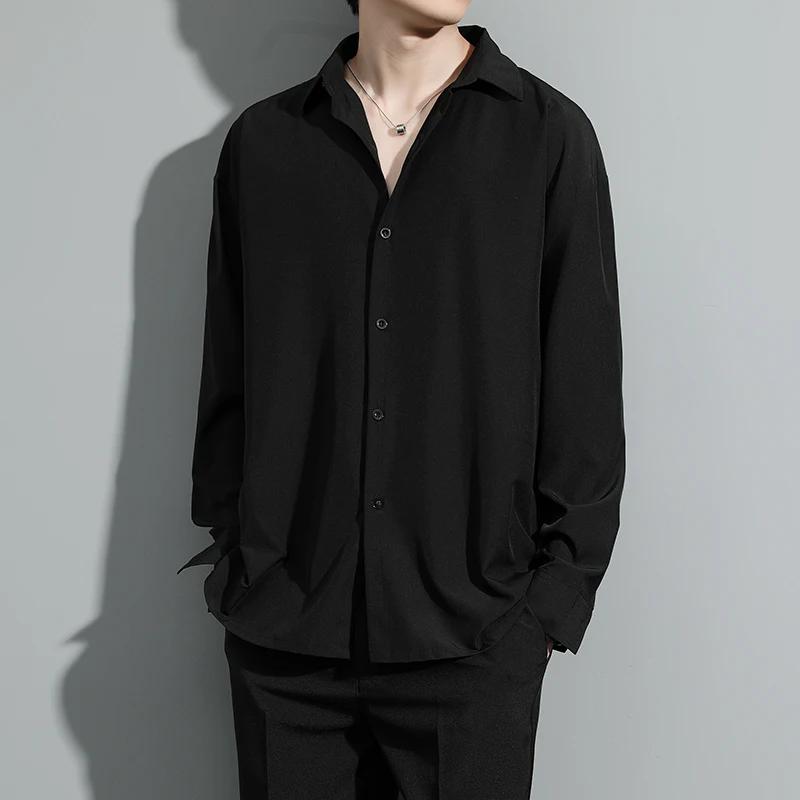 2026 Spring Summer Men Black White Shirt Men Ice Silk Shirts Male Casual Loose Shirt Male Long Sleeve Korean Shirt