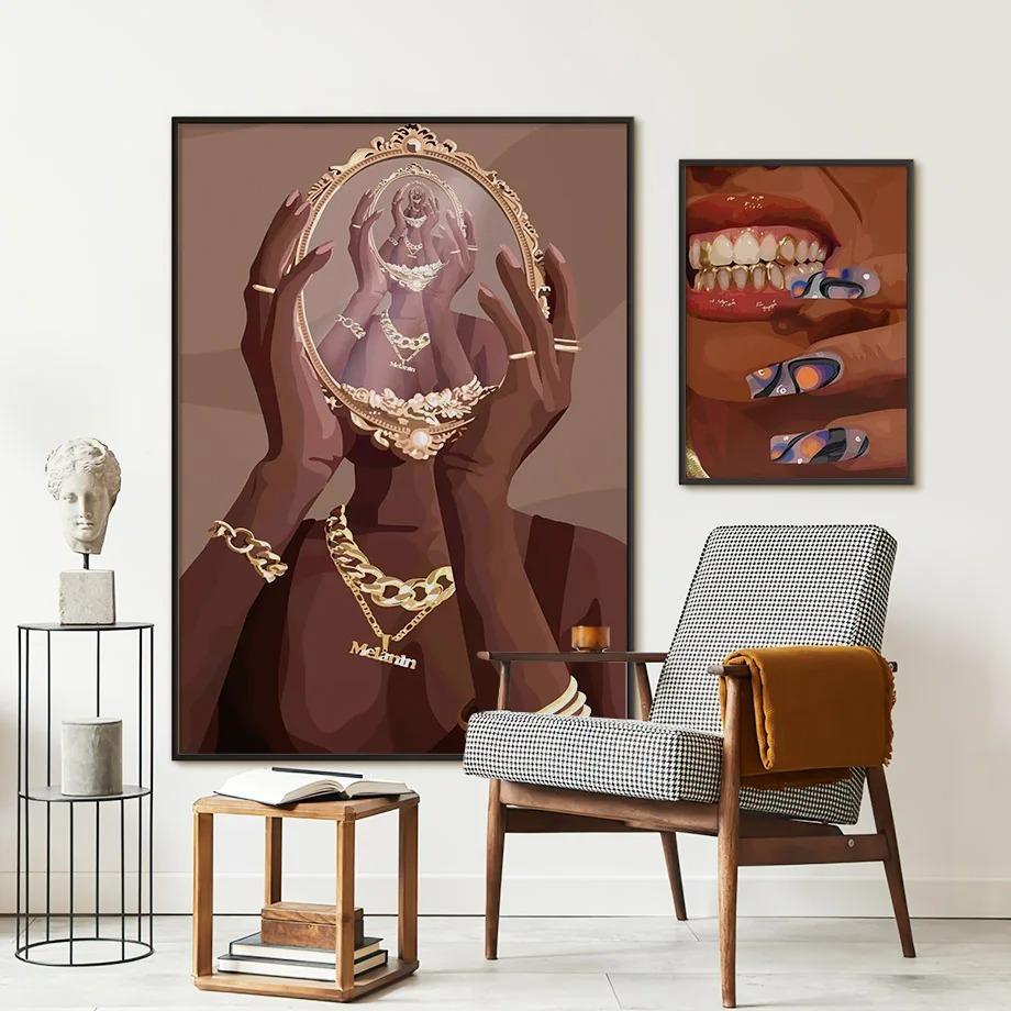 Black Art Fashion Hip Hop Girl Manicure Jewelry Lips Poster African Black Woman Beautiful Nails Painting Pictures Living Room Beauty Salon Decor