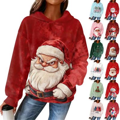 Damen Kapuzenpullover mit langen Ärmeln und Weihnachtsdruck, Flanelloberteil, Kapuzenpullover