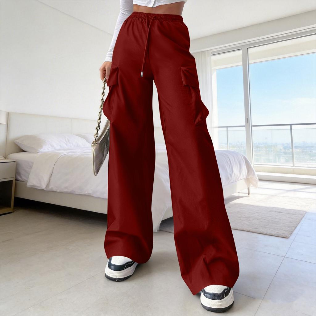 Women's Casual And Stylish Wide-leg Double-pocket Drawstring Cargo Pants