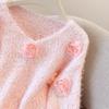Women's Sweet Pink 3D Flower Sweater, Gentle Spring/Autumn Knit Base Layer