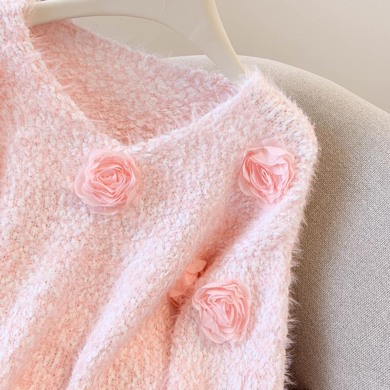 Women's Sweet Pink 3D Flower Sweater, Gentle Spring/Autumn Knit Base Layer