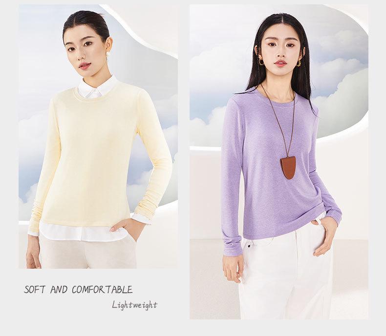 Tencel Wool Collar Base Shirt: Silk-Like, Light, Warm, Round Neck, Knitted Long Sleeve Top for Autumn/Winter Women.