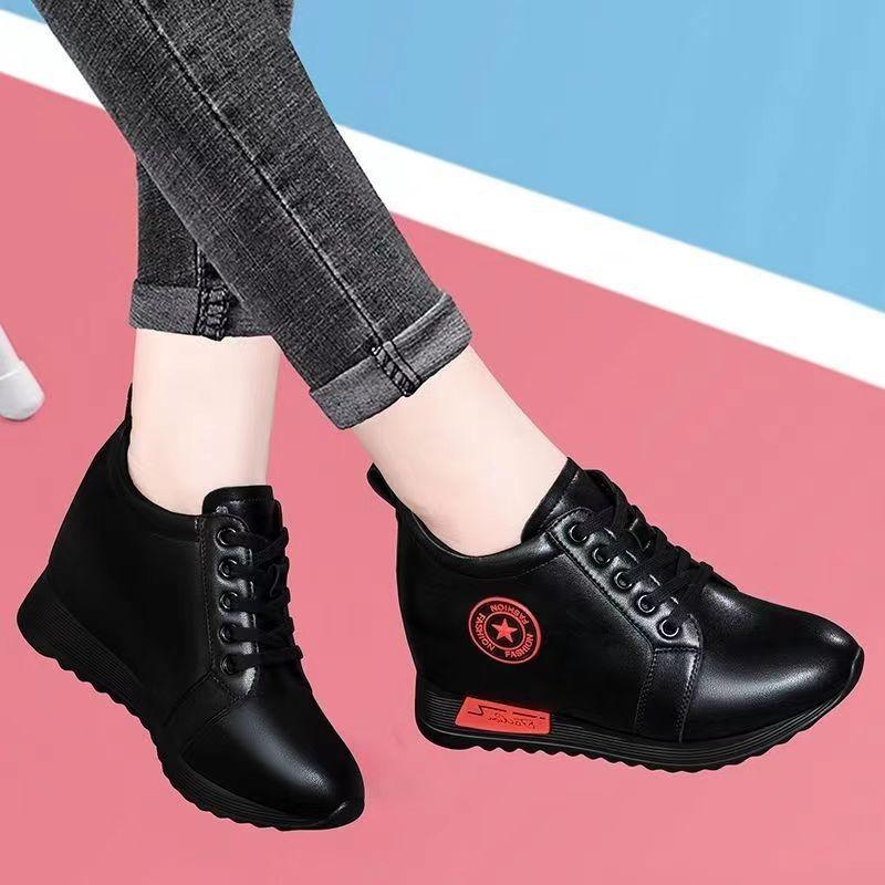 Women Leather Platform Sneakers Waterproof Wedges Vulcanized Shoes Lace-up Sneakers Comfortable Round Toe Non-slip Casual Shoes