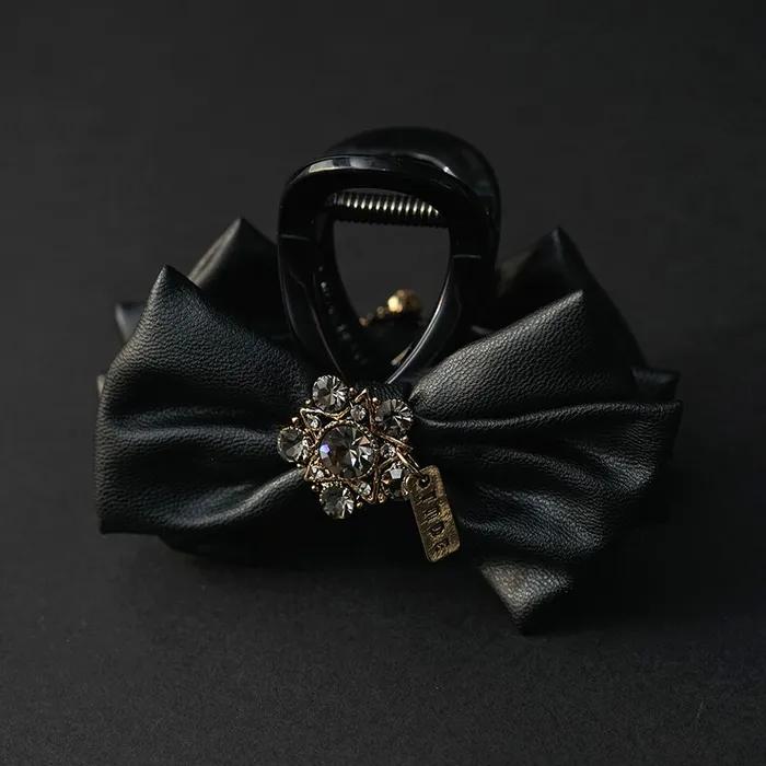 Zellze Leather Ribbon Crystal Hair Clip