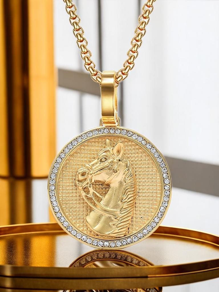 Punk Iced Out Bling Horse Head Pendant Gold Color Stainless Steel Zircon Animal Round Necklace For Men Jewelry Male Gift 2025