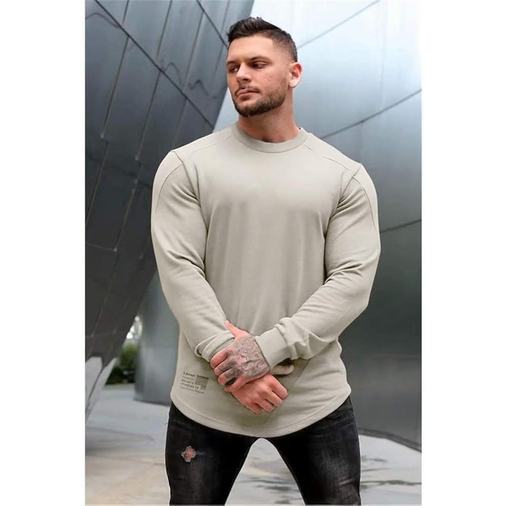Mechieng Men's Long Sleeve Training T-Shirt, Light Khaki, Size M, for Gym and Strength Training