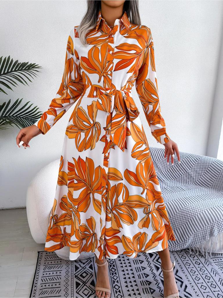 Abito Stampato con Colletto Revers Bottoni Vita Alta Elegante Abito Camicia per Donna Manica Lunga Abiti Ampi Abito Casual