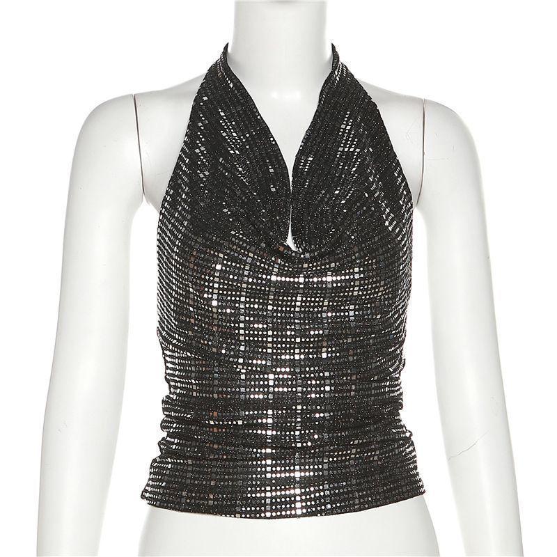 Street Style Sequin Rhinestone Halter Neck Tank Top - European & American Fashion