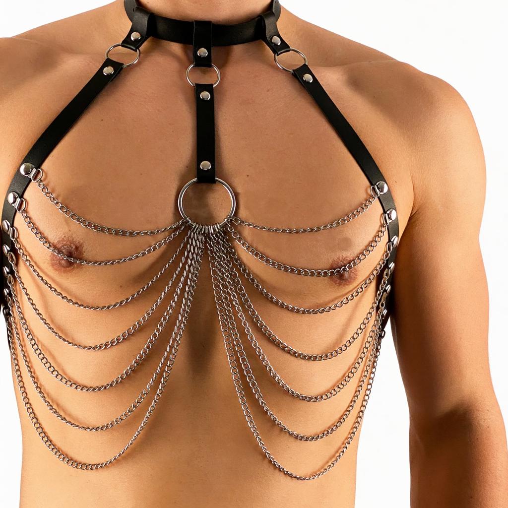 Adjustable Black Leather Body Harness for Men - Silver Chains, Punk Fashion Statement, Rave and Clubwear