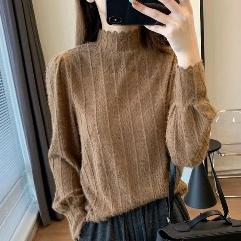 

Свитер для женщин Осень Зима Утепленный Пуловер Теплый Кружевная отделка Эластичный Длинный рукав Полувысокий воротник Свободный Джемпер Топы XXXL хаки