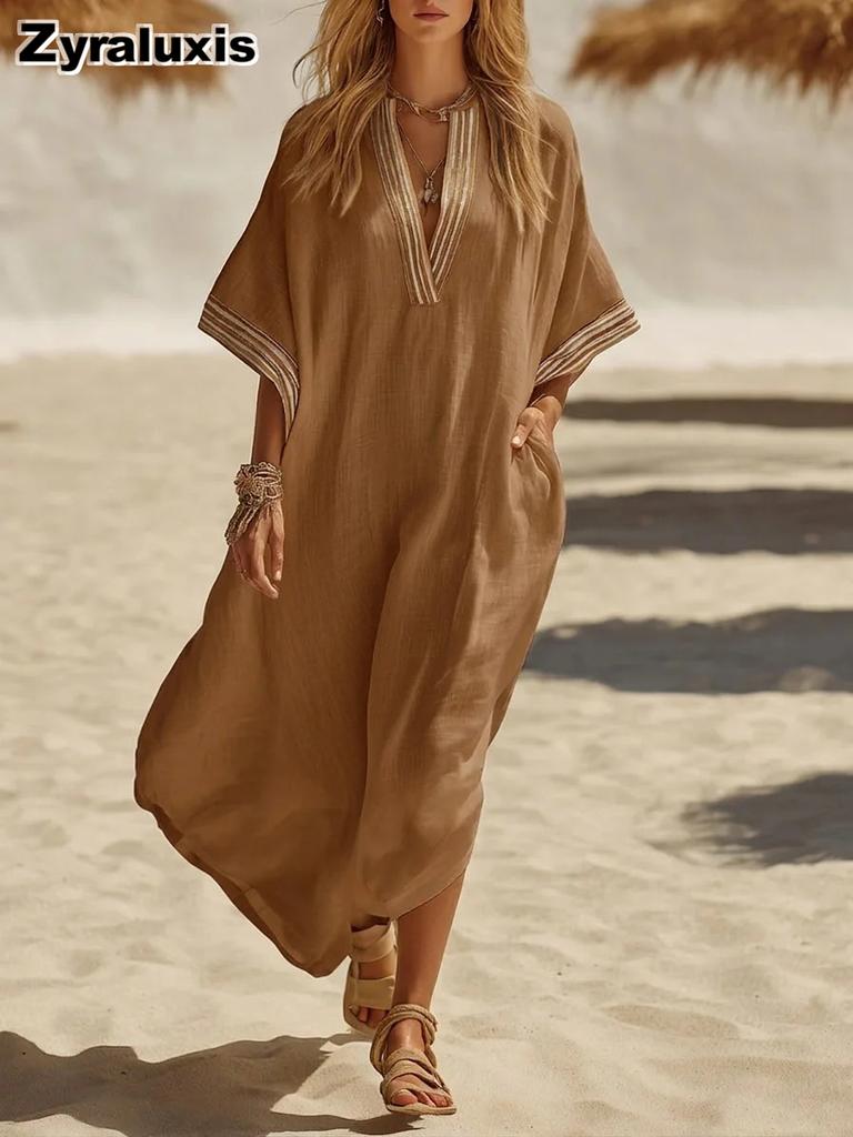 Lockeres V-Ausschnitt Damen Bohemian Maxikleid Sommer Strandurlaub Feiertag Sommerkleid