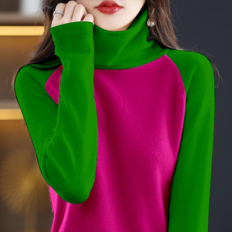 Autumn Women's Knitted Sweater Thin Long Sleeve Turtleneck Loose Knitted Bottom Shirt  Pullover Color-blocked Knit Top