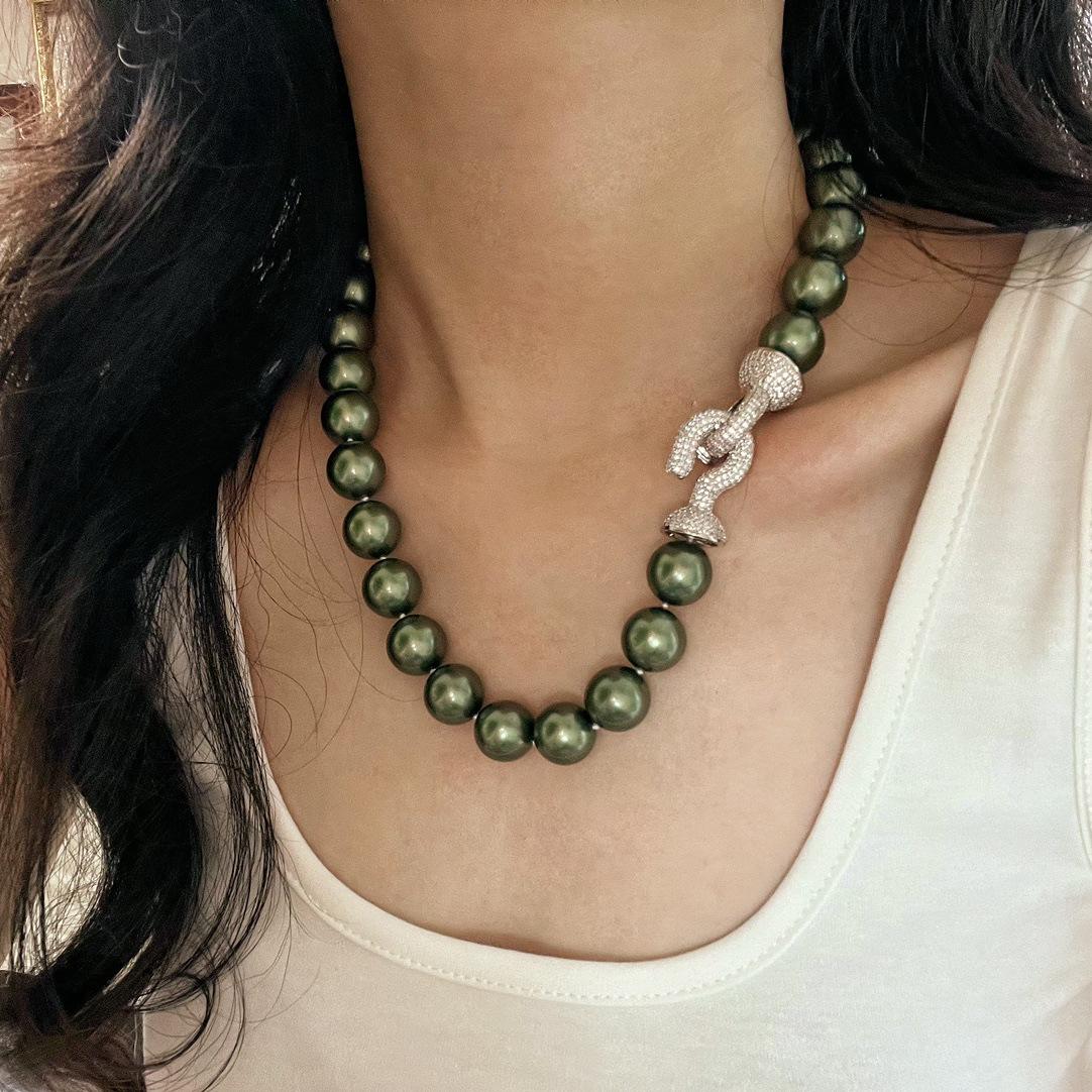 National Style Retro 14Mm Large Grain Tahitian Malachite Green Bead Pearl Necklace Women Commuter Niche In