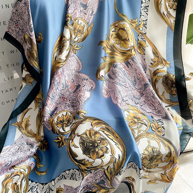 Retro Printed Flowers Spring and Summer Long Silk Scarf with Lady's Temperament Versatile Travel Photography Sun Protection Scarf Neck Protection