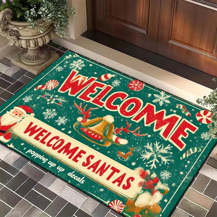 Christmas Doormat Santa Claus Bauble Pine Branch Star Print Floor Mat Merry Christmas Home Entrance Decor Rug