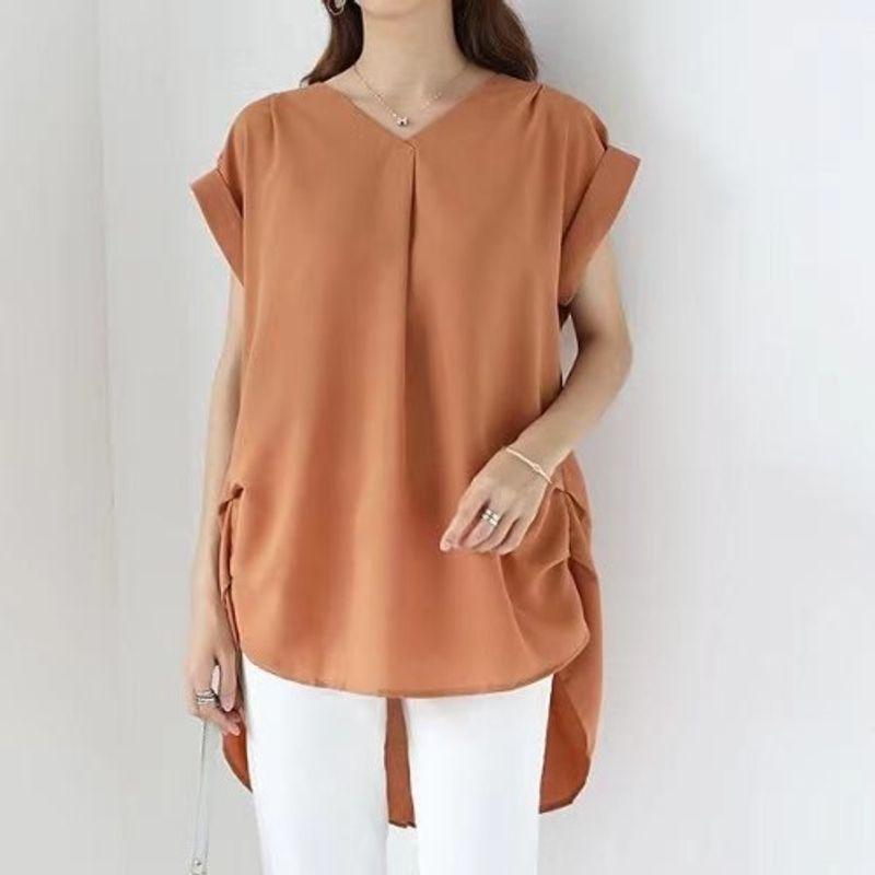 

Japanese and Korean Summer New White V-Collar Work Clothing Ol Mature Women Elegant Chiffon Ruched Front Short Back Long Short Sleeve Chiffon Shirt Caramel Free size