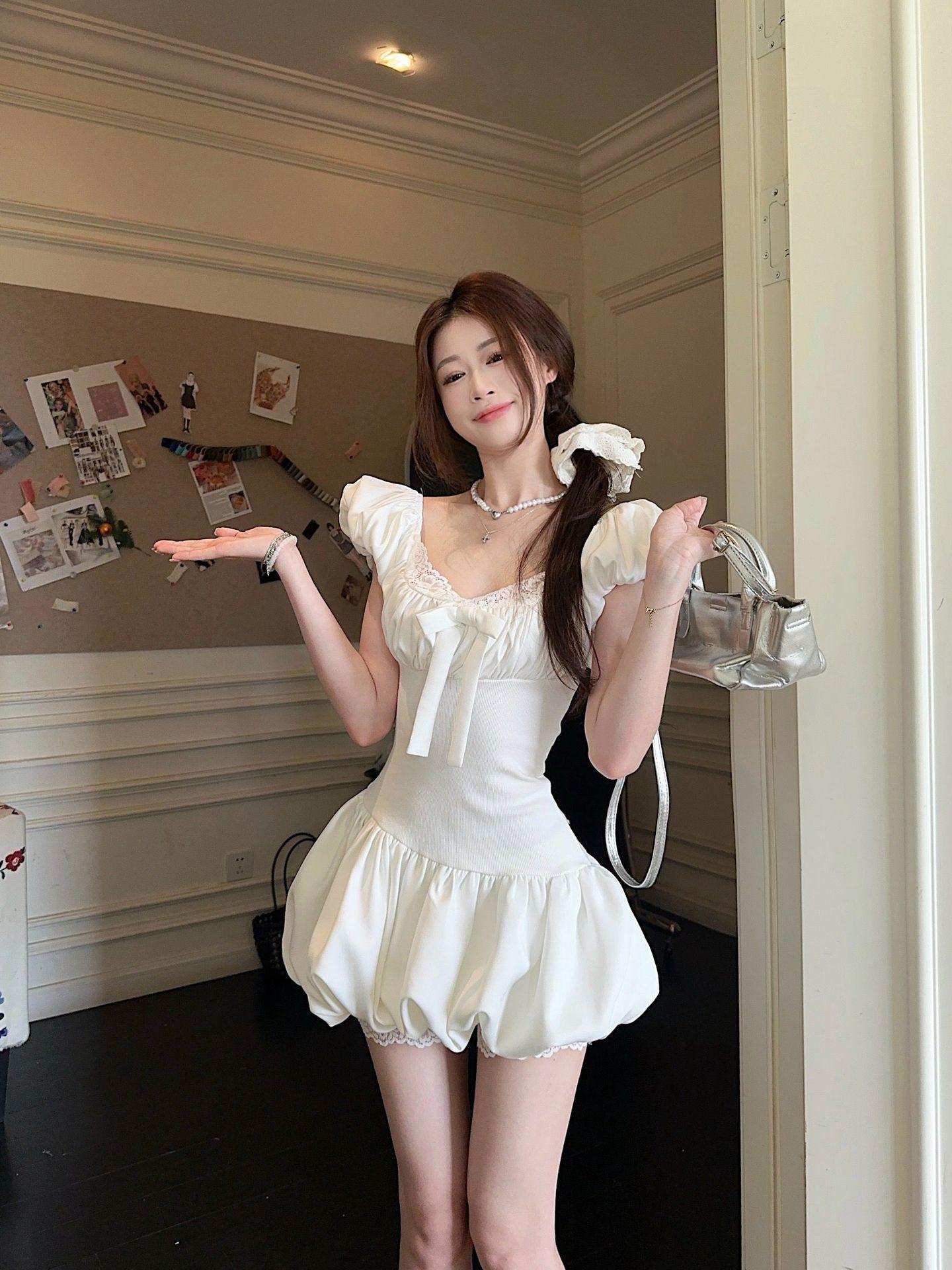 Spicy Girl Sweet Style Bow White Puffy Summer Dress with Lace Trim for Women Small