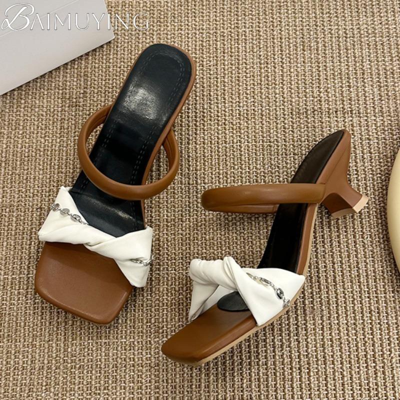 Fashion Square Toe Slippers Women High Heels Sandals Shoes 2025 Trend Summer Dress Open Toe New Casual Pumps Chunky Sandalias De Mujer