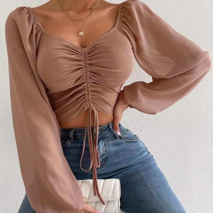 Women's Summer New V-neck Chiffon Drawstring Lantern Sleeve Tight Fashion Sexy Shirt Top