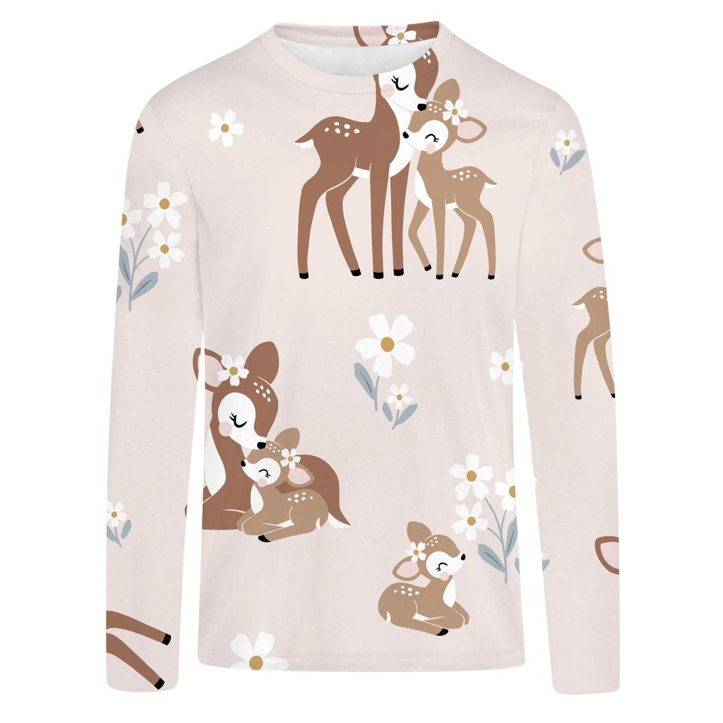 Spring and Autumn Cartoon Cute Sika Deer Pattern 3D Printed Top for Women's Casual Long Sleeve T-shirts