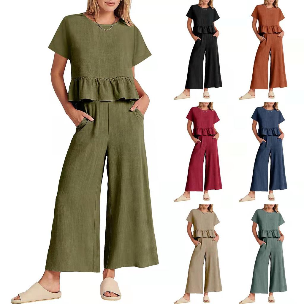 Pants Sets Women 2 Piece Outfits Sleeveless Round Neck Tank Tops Matching Sets for Women Elastic Waist Wide Leg