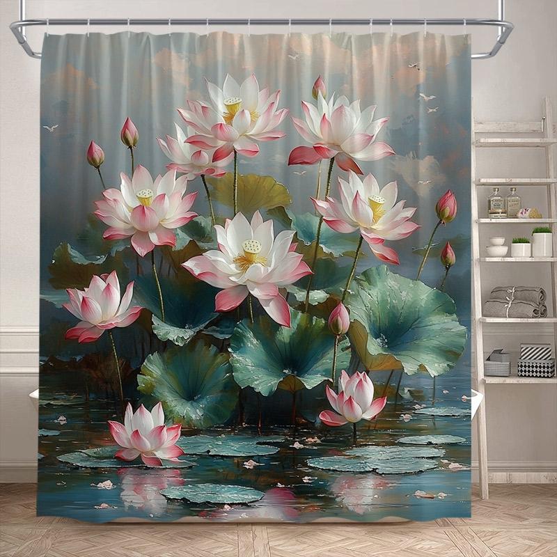 Lotus Shower Curtains White Floral Green Leaves Plant Chinese Style Art Bath Curtain Polyester Bathroom Bathtub Decor With Hooks