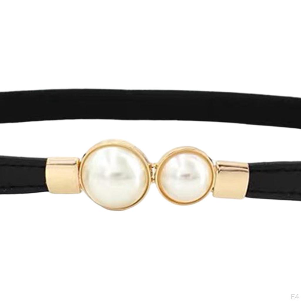 Double Pearls Buckle Waist Belt, Women Retro Elastic Skinny Belt for Dress