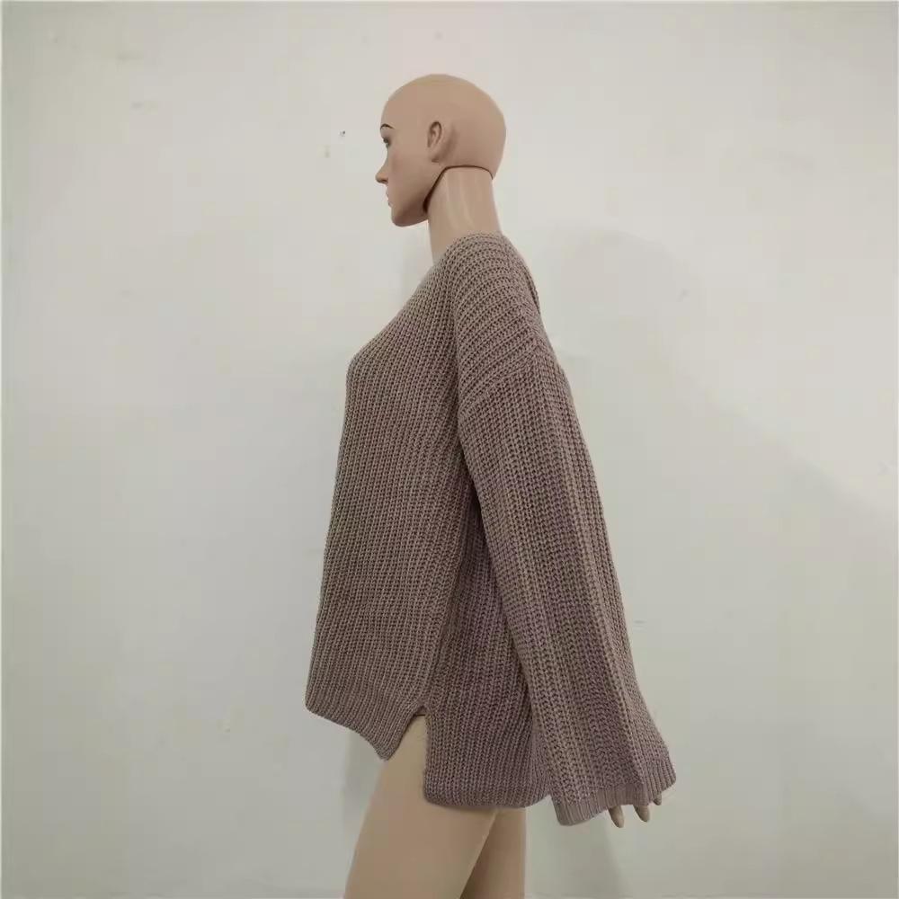 Women's Loose Plus Size Autumn/Winter Round Neck Pullover with Side Slits and Hollow Out Design
