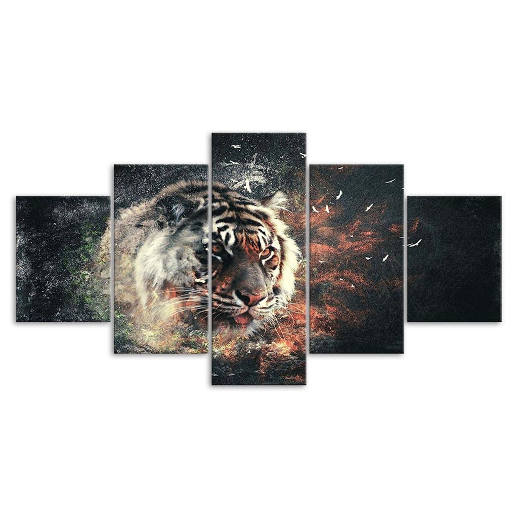 Tiger Face Abstract Art 5 Piece Five Panel Wall Canvas Print Modern Poster Picture Home Decor Gift For Him For Her