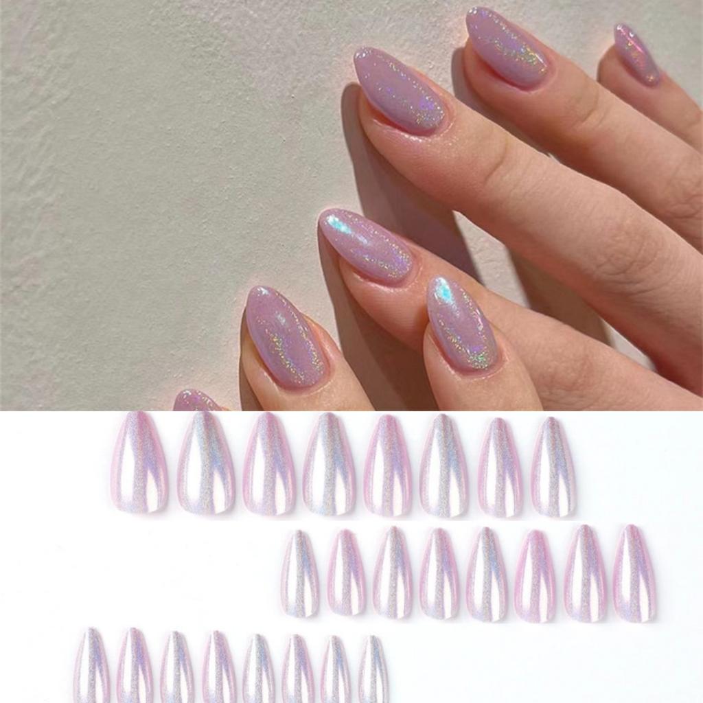 24 Pcs Simple Pink Press On Nails With Silver Glitter Powder Decor Removable Fake Nail Tips Set