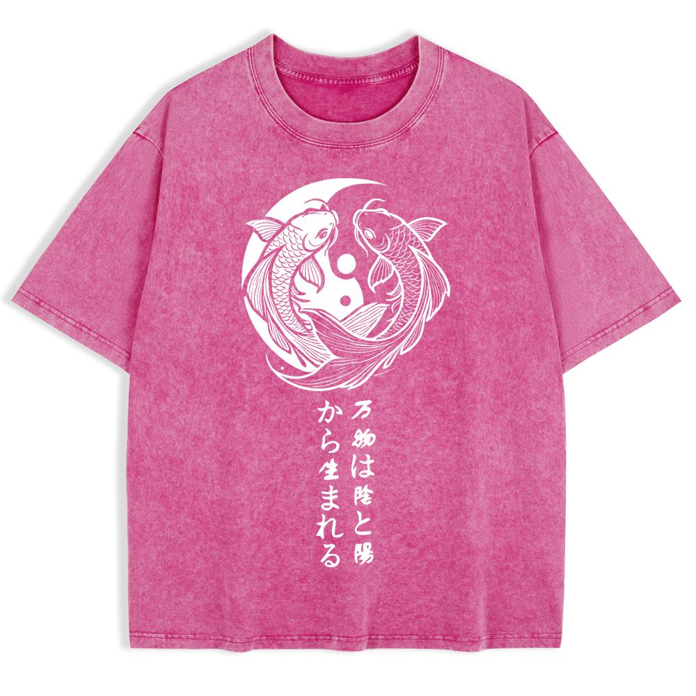 Japanese Koi Harajuku Printed Washed T-Shirts Mens Cotton Oversize T Shirt Summer O-Neck Short Sleeve Tops Clothes