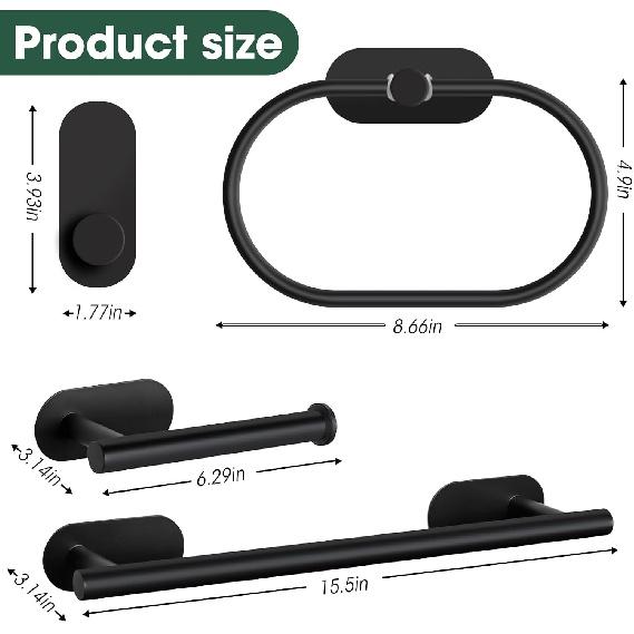 4-Pieces Bathroom Hardware Set, Adhesive Matte Black Bathroom Accessories Including 16in Bath Towel Bar, Toilet Paper Holder, Towel Ring, Hooks,
