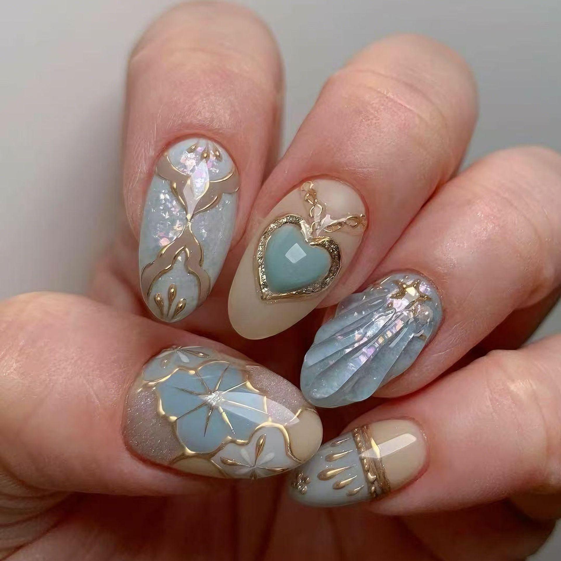 30 Gold Foil Star Nail Art Tips: 3D Blue Heart Almond Design with Chinese Style Painting