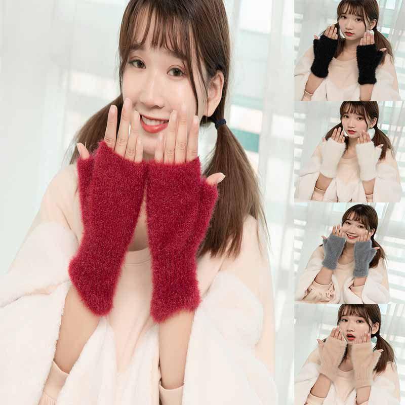 Stylish Womens Knit Faux Cashmere Winter Gloves Thick Warm Half Finger Comfort